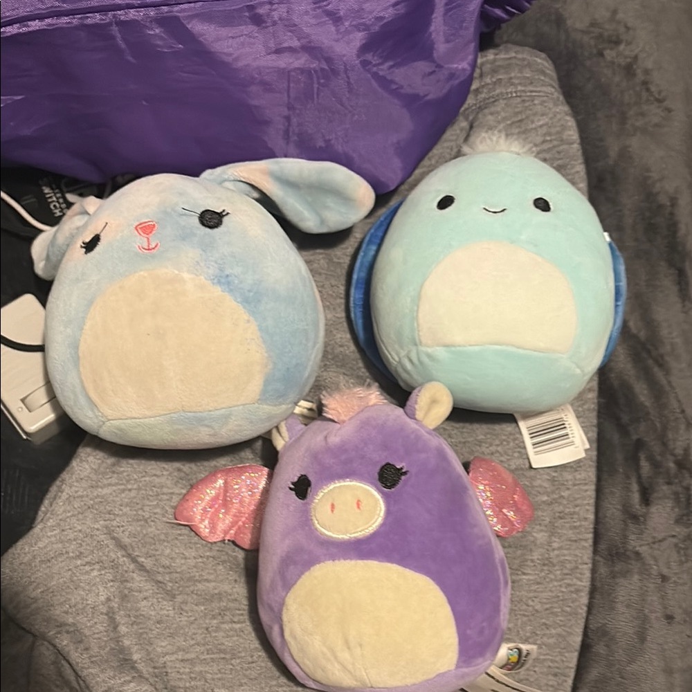 Set of Three Plush Toys - light Blue, Purple, and sky blue squishmallows